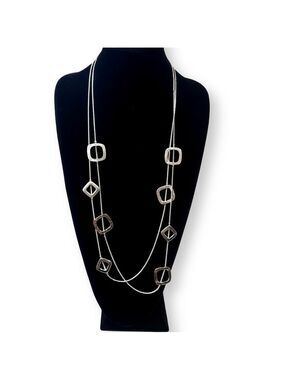 CHICO’s | Modern Geometry | Long Silver Square Stations Layered Necklace | NWT